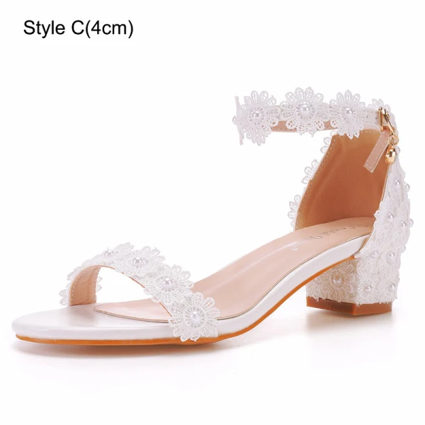 Schöne Weiß Perle Spitze Blumen Sandalen Damen 2023 Knöchelriemen 9 cm Thick Heels Peeptoes Hochzeit Sandaletten Hochhackige