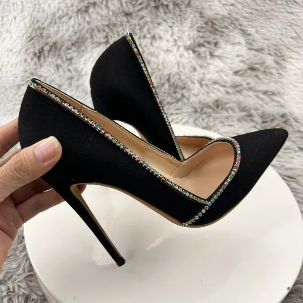 Mooie / Prachtige Zwarte Suede Rhinestone Avond Pumps 2025 12 cm Naaldhakken / Stiletto Spitse Neus Pumps Hoge Hakken
