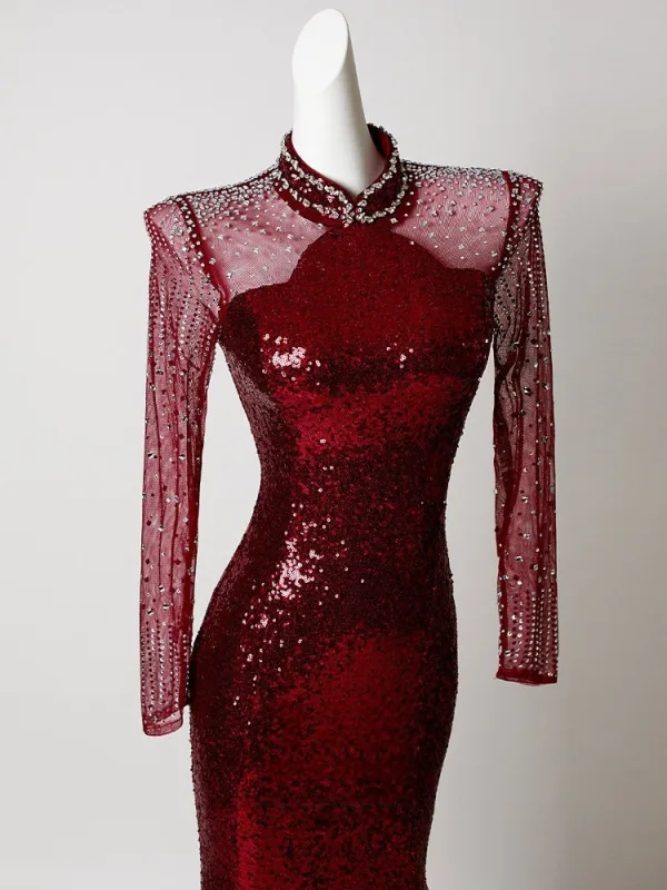 Sparkly Sexy Burgundy Sequins Rhinestone Evening Dresses 2026 Trumpet / Mermaid High Neck Long Sleeve Floor-Length / Long Formal Dresses