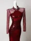 Sparkly Sexy Burgundy Sequins Rhinestone Evening Dresses 2026 Trumpet / Mermaid High Neck Long Sleeve Floor-Length / Long Formal Dresses