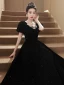 Audrey Hepburn Style Black Rhinestone Prom Dresses 2023 A-Line / Princess Square Neckline Short Sleeve Prom Polyester Floor-Length / Long Formal Dresses Zipper Up