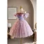Charmant Lavande Paillettes Appliques Courte Robe De Fête 2025 Robe Boule Bretelles Spaghetti Sans Manches Dos Nu Tulle Soirée Robe De Ceremonie