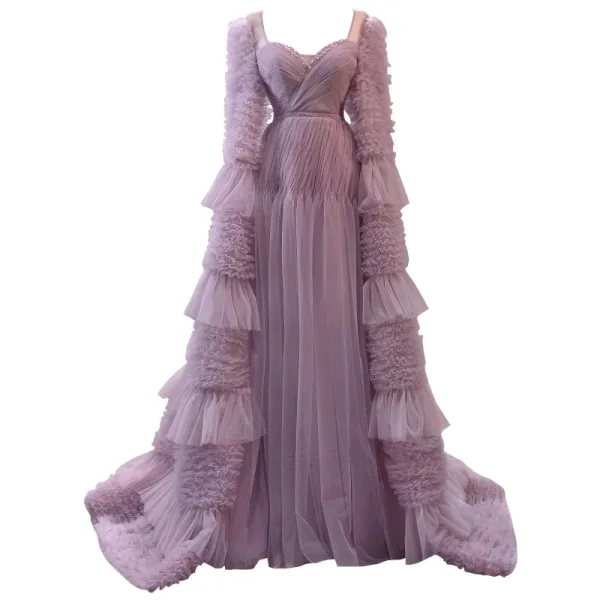 Haut de Gamme Rose Sombre Volants en Cascade Perlage Perle Faux Diamant Robe De Bal 2023 Princesse Encolure Carrée Manches Longues Dos Nu Train De Balayage Promo Robe De Ceremonie