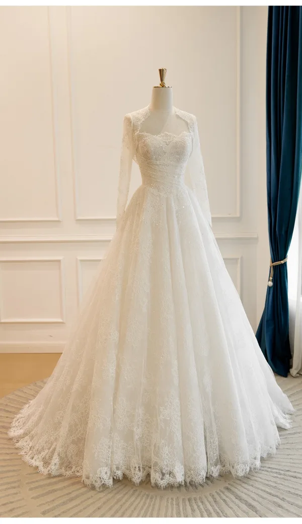 Luxury / Gorgeous White Handmade Beading Lace Flower Sequins Wedding Dresses 2026 A-Line / Princess Strapless Long Sleeve Floor-Length / Long