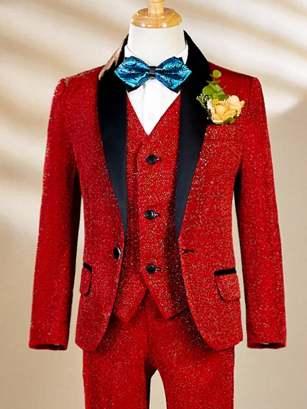 Fall Winter Red Glitter 6-piece Long Sleeve Boys Wedding Suits 2025 Body Jewellery Coat Necklace Pants Shirt Tie