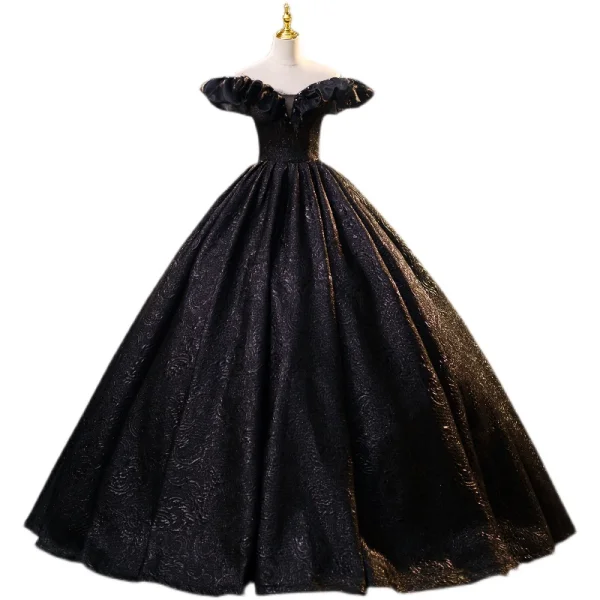 Elegant Black Rhinestone Tassel Prom Dresses 2023 Ball Gown Off-The-Shoulder Sleeveless Backless Floor-Length / Long Prom Formal Dresses