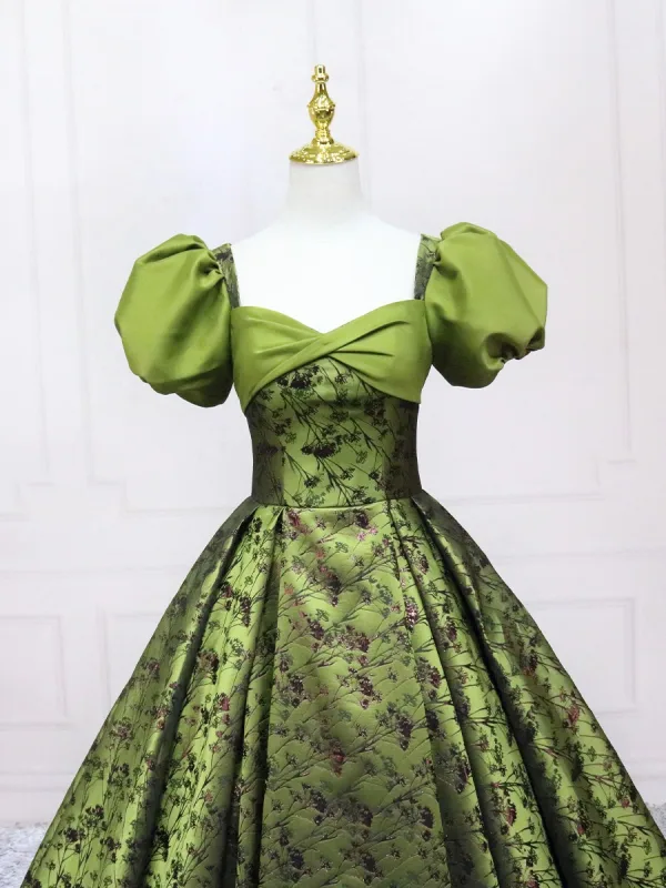 Elegant Sage Green Printing Prom Dresses 2025 Ball Gown Square Neckline Puffy Short Sleeve Backless Floor-Length / Long Prom Formal Dresses