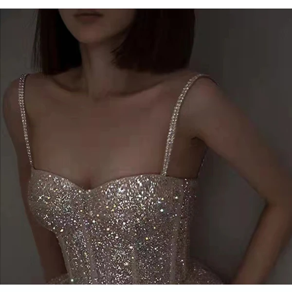 Scintillantes Argenté Glitter Paillettes Robe De Bal 2023 Princesse Bretelles Spaghetti Sans Manches Dos Nu Longue Promo Robe De Ceremonie