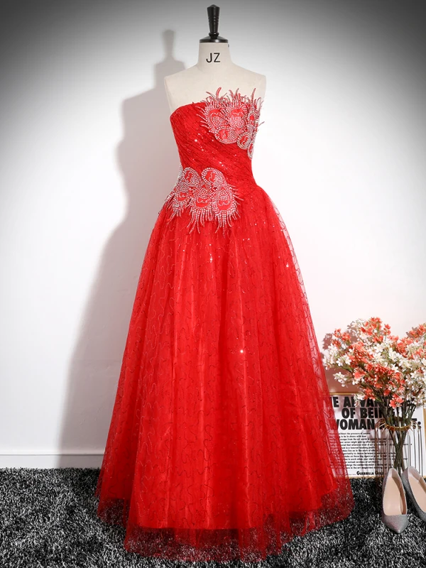 Schöne Rot Strass Pailletten Ballkleider 2024 Ballkleid Bandeau Ärmellos Rückenfreies Schleife Lange Ball Festliche Kleider