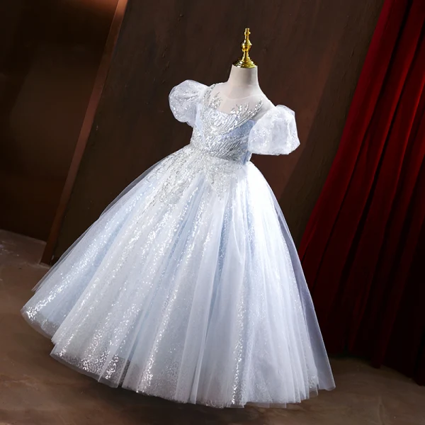 Bling Bling Silver Beading Sequins Flower Girl Dresses Ball Gown 2022 Scoop Neck Puffy Short Sleeve Floor-Length / Long Prom Flower Girl Dresses