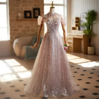 Charmant Rougissant Rose Perlage Perle Paillettes Robe De Bal 2025 Princesse Col Haut Manches Courtes Dos Nu Longue Tulle Promo Robe De Ceremonie