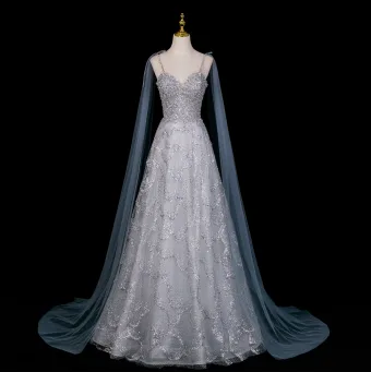 Dazzling Dusty Blue Beading Rhinestone Sequins Evening Dresses 2026 A Line Princess Spaghetti Straps Sleeveless Backless