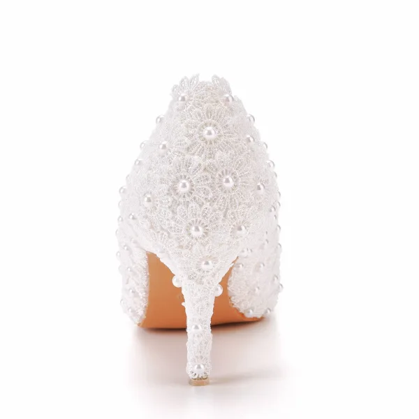 Chic / Beautiful White Pearl Lace Flower Wedding Shoes 2022 7 cm Stiletto Heels Pointed Toe Wedding Pumps High Heels