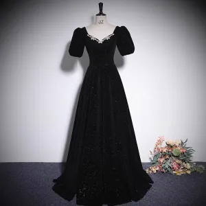 Élégant Noire Faux Diamant Velours Robe De Soirée 2023 Princesse V Cou Manches Courtes Dos Nu Longue Promo Robe De Ceremonie