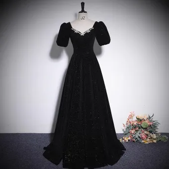 Élégant Noire Faux Diamant Velours Robe De Soirée 2023 Princesse V Cou Manches Courtes Dos Nu Longue Promo Robe De Ceremonie