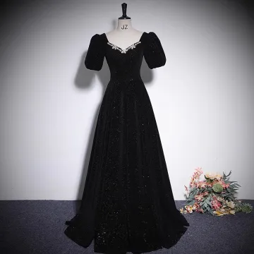 Élégant Noire Faux Diamant Velours Robe De Soirée 2023 Princesse V Cou Manches Courtes Dos Nu Longue Promo Robe De Ceremonie