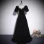 Elegant Black Rhinestone Velvet Evening Dresses 2023 A-Line / Princess V-Neck Short Sleeve Backless Floor-Length / Long Prom Formal Dresses