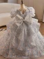 Fashion White Beading Sequins Appliques Birthday Flower Girl Dresses 2024 Ball Gown Scoop Neck Short Sleeve Backless Bow Floor-Length / Long