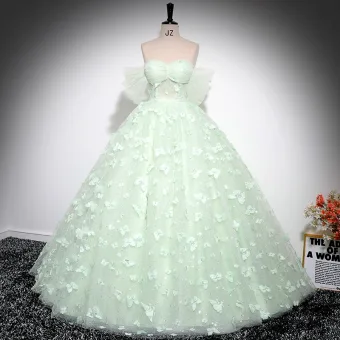 Elegant Sage Green Sequins Butterfly Appliques Prom Dresses 2024 Ball Gown Off The Shoulder Short Sleeve Backless Floor Length Long Prom Formal Dresses