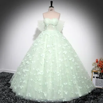 Elegant Sage Green Sequins Butterfly Appliques Prom Dresses 2024 Ball Gown Off The Shoulder Short Sleeve Backless Floor Length Long Prom Formal Dresses