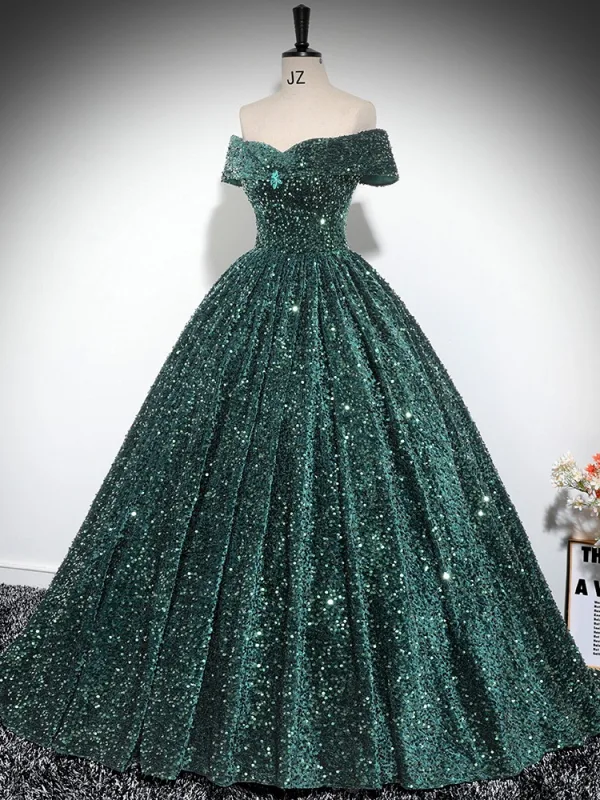 Sparkly Dark Green Sequins Prom Dresses 2024 Ball Gown Off-The-Shoulder Sleeveless Backless Floor-Length / Long Prom Formal Dresses