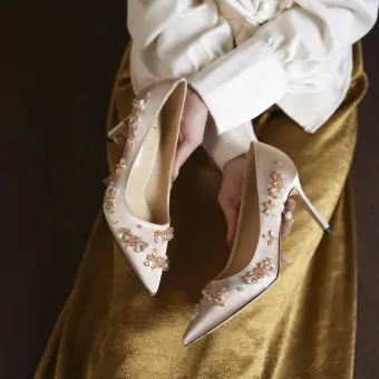 Élégant Champagne Cuir Perlage Faux Diamant Chaussure De Mariée 2026 8 Cm Talons Aiguilles À Bout Pointu Mariage Escarpins Talons Hauts