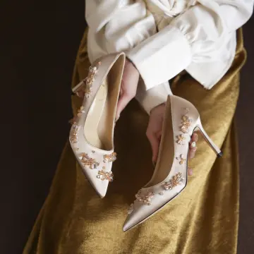 Élégant Champagne Cuir Perlage Faux Diamant Chaussure De Mariée 2026 8 Cm Talons Aiguilles À Bout Pointu Mariage Escarpins Talons Hauts