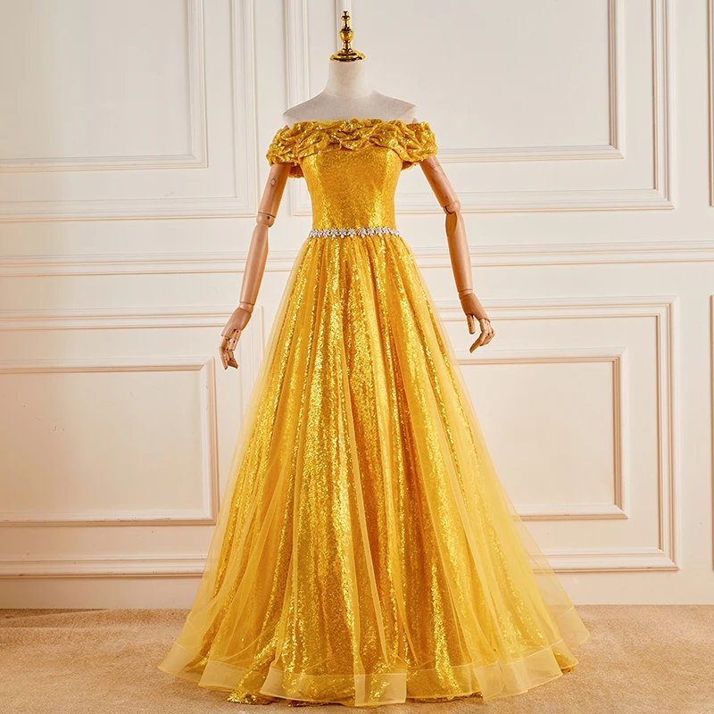 Sparkly Yellow Sequins Rhinestone Prom Dresses 2023 Ball Gown Off-The-Shoulder Backless