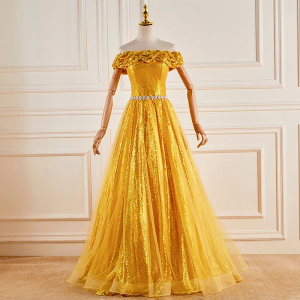 Sparkly Yellow Sequins Rhinestone Prom Dresses 2023 Ball Gown Off-The-Shoulder Sleeveless Backless Floor-Length / Long Prom Formal Dresses