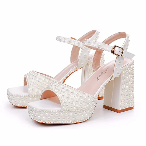 Sexy Beige Perle Brautschuhe 2025 Knöchelriemen 9 cm Thick Heels Peeptoes Hochzeit Sandaletten
