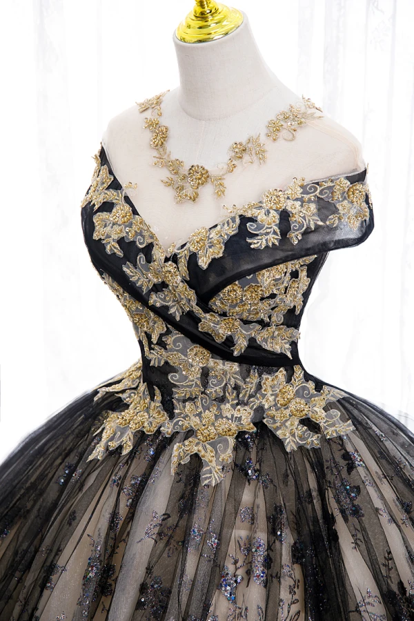 Élégant Noire Perlage Paillettes En Dentelle Fleur Robe De Bal 2022 Robe Boule V-Cou Manches Courtes Dos Nu Longue Promo Robe De Ceremonie
