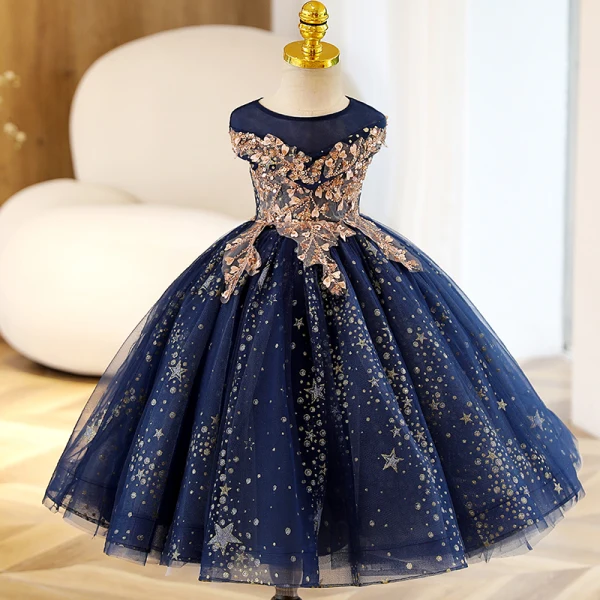 Charming Navy Blue Beading Star Sequins Birthday Flower Girl Dresses 2023 Ball Gown Scoop Neck Sleeveless Floor-Length / Long Flower Girl Dresses