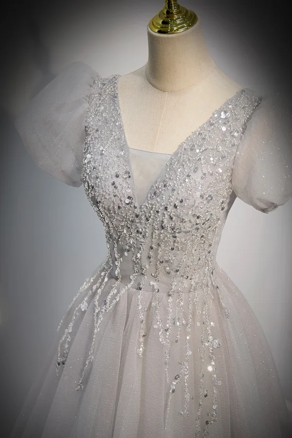 Elegant Grey Beading Sequins Prom Dresses 2022 A-Line / Princess V-Neck Puffy Short Sleeve Backless Floor-Length / Long Prom Formal Dresses
