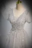 Elegant Grey Beading Sequins Prom Dresses 2022 A-Line / Princess V-Neck Puffy Short Sleeve Backless Floor-Length / Long Prom Formal Dresses