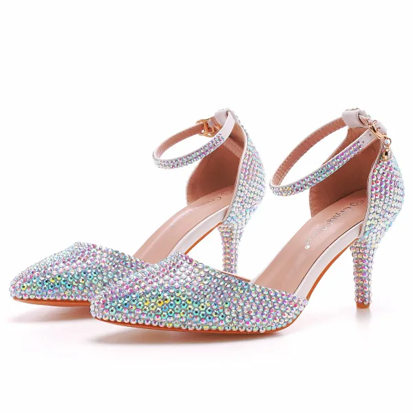 Chic / Belle Multi-Couleurs Faux Diamant Chaussure De Mariée 2022 7 cm Talons Aiguilles Bride Cheville À Bout Pointu Mariage Talons Hauts