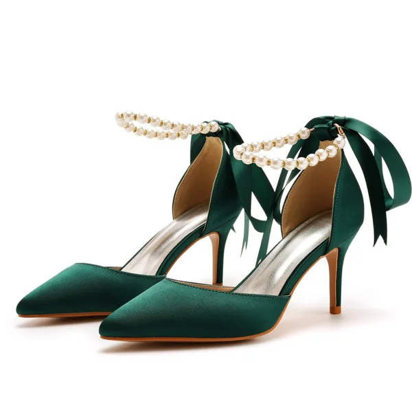 Charmant Noire Soirée Perle Bride Cheville Noeud Sandales Femme 2023 7 cm Talons Aiguilles À Bout Pointu Sandales Talons Hauts