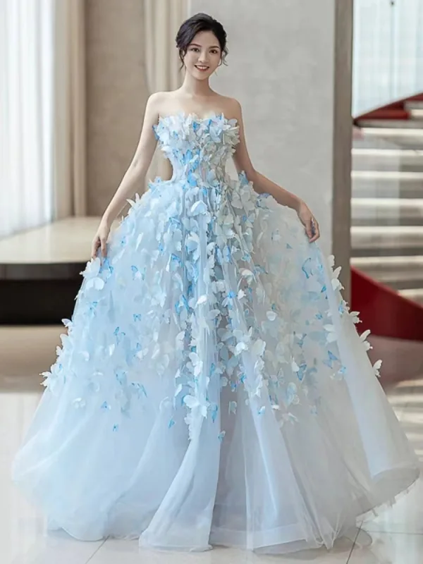 Chic / Belle Bleu Ciel Appliques Bustier Robe De Bal 2024 Princesse Sans Manches Dos Nu Train De Balayage Promo Robe De Ceremonie