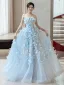 Chic / Belle Bleu Ciel Appliques Bustier Robe De Bal 2024 Princesse Sans Manches Dos Nu Train De Balayage Promo Robe De Ceremonie