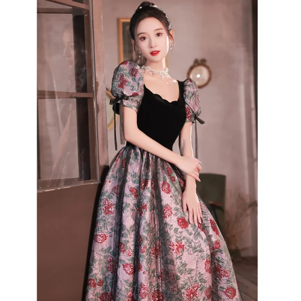 Vintage / Retro Black Prom Dresses 2023 A-Line / Princess Square Neckline Short Sleeve Backless Floor-Length / Long Prom Formal Dresses