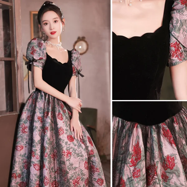 Vintage / Retro Black Prom Dresses 2023 A-Line / Princess Square Neckline Short Sleeve Backless Floor-Length / Long Prom Formal Dresses