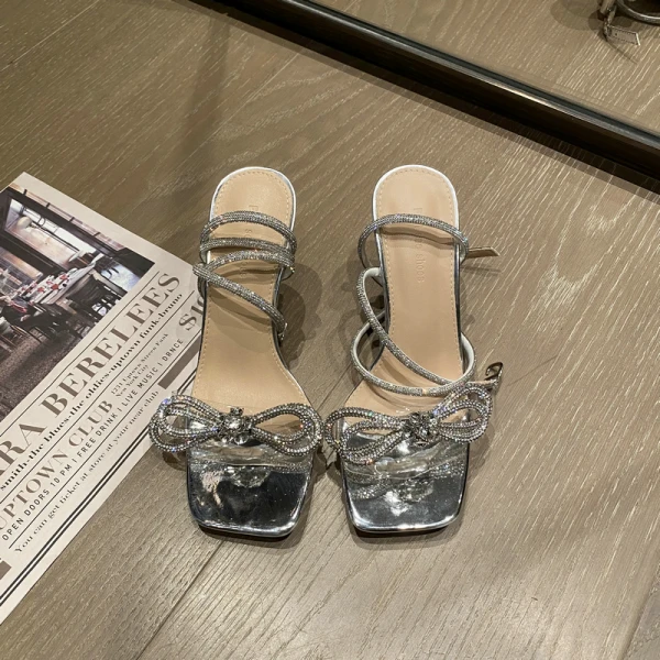 Sexy Silber Strass Schleife Abend Sandalen Damen 2022 Knöchelriemen Peeptoes 9 cm Stilettos Sandaletten Hochhackige
