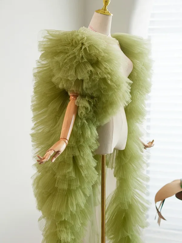 Chic / Belle Vert Cendré Fait main Volants en Cascade Soirée Promo châle Vestes & Enveloppements 2024 Tulle