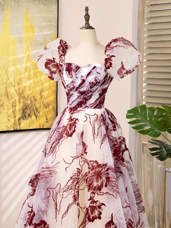 Chic / Beautiful Burgundy Printing Prom Dresses 2024 A-Line / Princess Square Neckline Puffy Short Sleeve Backless Floor-Length / Long Prom Formal Dresses