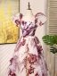 Chic / Beautiful Burgundy Printing Prom Dresses 2024 A-Line / Princess Square Neckline Puffy Short Sleeve Backless Floor-Length / Long Prom Formal Dresses