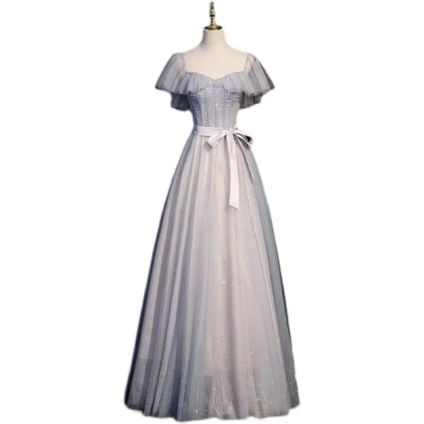 Chic / Belle Bleu Ciel Perlage Paillettes Robe De Bal 2022 Princesse Encolure Carrée Manches Courtes Dos Nu Noeud Ceinture Longue Promo Robe De Ceremonie