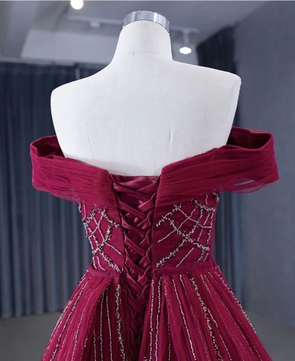 High-end Burgundy Handmade  Beading Evening Dresses 2024 Trumpet / Mermaid Off-The-Shoulder Short Sleeve Backless Court Train Evening Party Formal Dresses