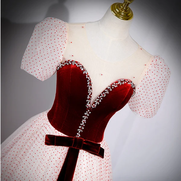 Elegant Burgundy Spotted Prom Dresses 2023 A-Line / Princess Scoop Neck Rhinestone Bow Short Sleeve Backless Floor-Length / Long Prom Formal Dresses