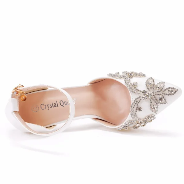 Schöne Weiß Strass Brautschuhe 2022 Knöchelriemen 9 cm Stilettos Spitzschuh Hochzeit Hochhackige