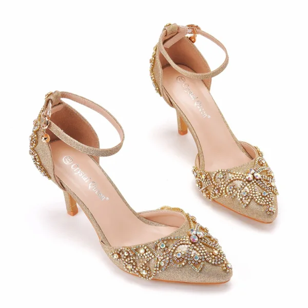 Scintillantes Doré Faux Diamant Paillettes Chaussure De Mariée 2023 Bride Cheville 7 cm Talons Aiguilles À Bout Pointu Mariage Talons Hauts