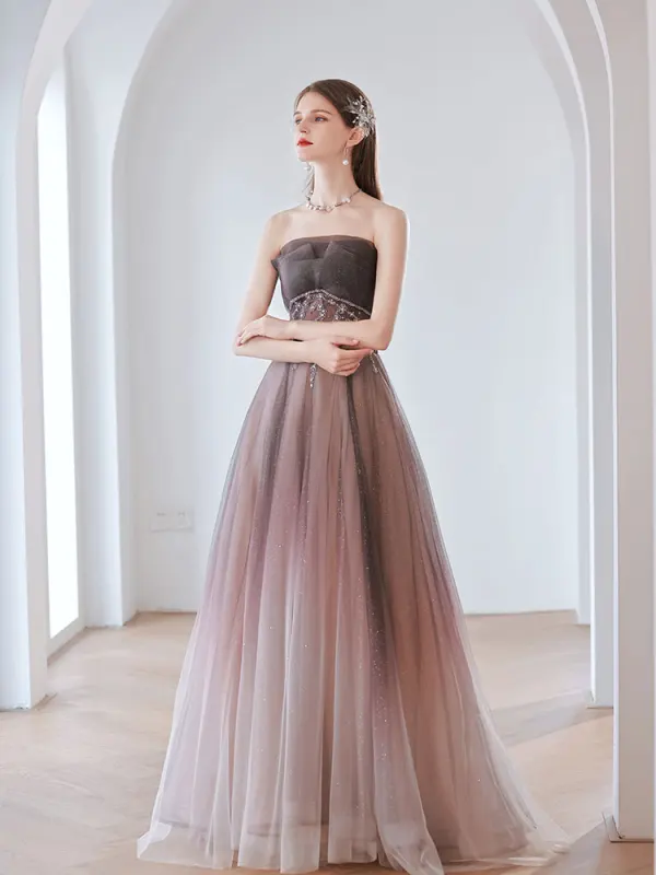 Chic / Beautiful Purple Rhinestone Sequins Prom Dresses 2022 A-Line / Princess Strapless Sleeveless Backless Floor-Length / Long Prom Formal Dresses